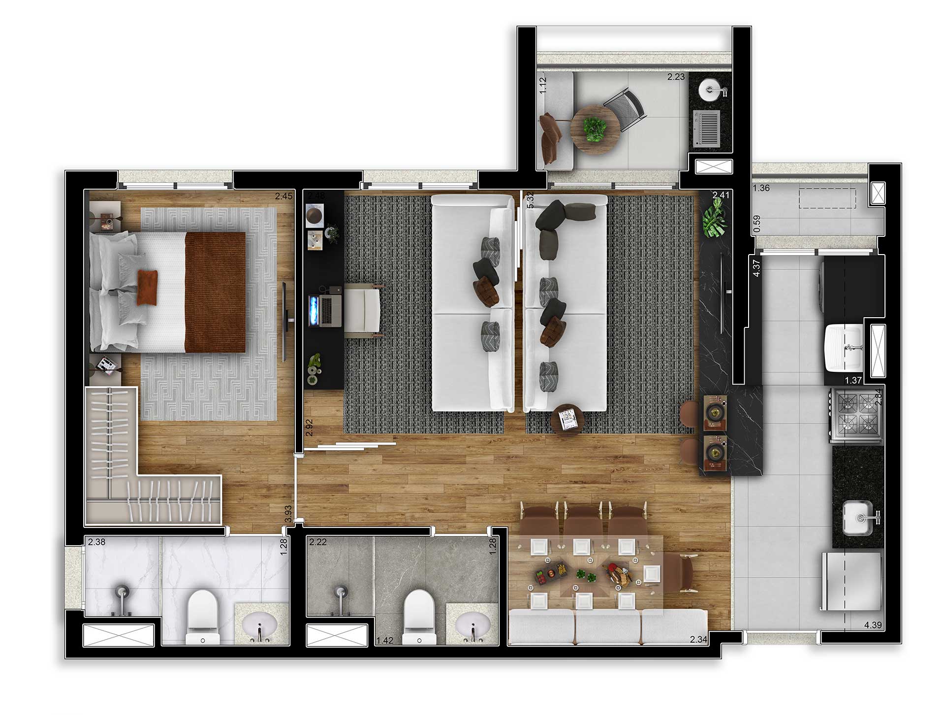 Planta 2 dormitórios ampliado 58m²